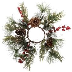 a wreath with pine cones and red berries