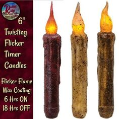 Twisting Flicker Flame 6" Timer Candle Cranberry, Burnt Ivory & Burnt Mustard Twisting Timer Taper is a grungy, battery-operated candle that looks as though its wax coating is dripping down its sides. Its realistic flicker runs for 6 hours on, 18 hours off and is switched on by twisting the base of the candle. The base also twists off for easy access to the batteries. 2 AA batteries required (not included) and 6” high by 1” in diameter. Timer Candles, Sugar Mold, Primitive Candles, Small Front Yard Landscaping, Battery Candles, Pig Decor, Gourd Lamp, Pineapple Decor, Laundry Decor