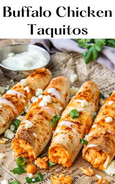 buffalo chicken taquitos with ranch dressing on the side and text overlay that reads buffalo chicken taquitos