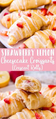 strawberry lemon cheesecake croissants are stacked on top of each other and ready to be eaten