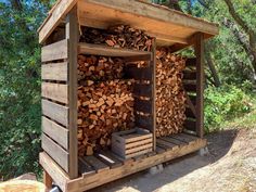 a wooden structure with stacks of logs in it