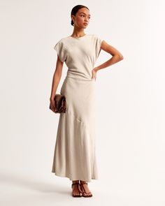 Flattering short-sleeve maxi dress in a crinkled flowy fabric, featuring on-trend flutter sleeves, crew neckline and back keyhole detail. Cream Color Dresses, Cream A-line Maxi Dress, Beige A-line Maxi Dress, Taupe Satin Maxi Dress, Wedding Guests, Cream A-line Fitted Maxi Dress, Beige Stretch Maxi Dress With V-neck, Comfy Work Outfit, Cream Color Dress