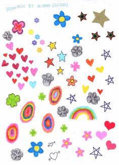 an image of many different colored stickers on a white sheet with stars and hearts