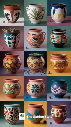 many different vases with designs painted on them