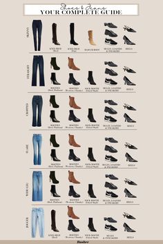 What Shoes To Wear With Different Jeans, Shoe Matching Guide Women, Pants And Shoes Guide Women, Outfit Guide What To Wear, Shoe And Pants Guide Women, Boot Types Guide Women, Shoes With Pants Guide, Type Of Boots Woman, Best Shoes For Straight Leg Jeans