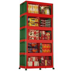 a red and green shelf filled with lots of food