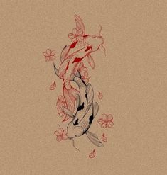 a drawing of two koi fish swimming in water with flowers on the bottom side