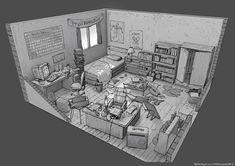 a drawing of a room with furniture and bookshelves