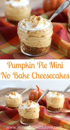 pumpkin pie mini no - bake cheesecakes in small glass jars on a plaid cloth