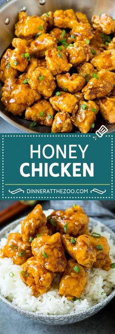 honey chicken on top of rice in a pan with the words honey chicken above it