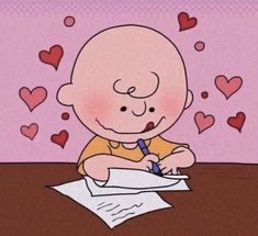 a cartoon drawing of a baby writing on paper with hearts in the sky behind it