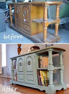 before and after photos of an old dresser turned into a bookshelf with paint