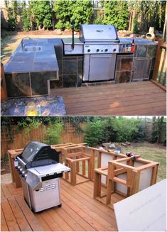 an outdoor kitchen with bbq and grill in the back yard, next to a deck