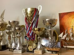 several trophies are lined up on a shelf