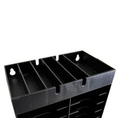 black plastic storage bins on white background