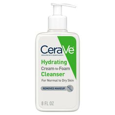 CeraVe Hydrating Cream-to-Foam Face Cleanser is a one-step face wash for daily facial cleansing, face and eye makeup removal, and long-lasting hydration. Gently removes dirt, excess oil, and even long-wear foundation and daily SPF sunscreen residue. Cleanser for face dispenses as a rich cream and transforms into a foam as you lather into skin. Non-drying formula thoroughly cleanses without stripping skin of moisture or leaving a tight, dry feeling. Suitable for normal to dry skin. Fragrance free Cerave Cleanser, Cerave Skincare, Best Face Wash, Foaming Facial Cleanser, Foaming Face Wash, Hydrating Cream, Hydrating Serum, Eye Makeup Remover, Spf Sunscreen