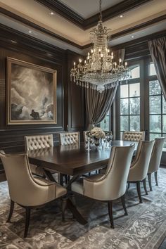 an elegant dining room with chandelier and large painting on the wall behind it