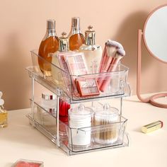 an organized makeup organizer on a table