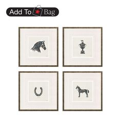 four framed pictures with horses and horseshoes on the bottom one is black and white