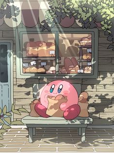 a cartoon character sitting on a bench in front of a bakery