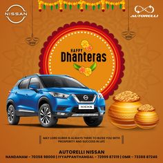 the blue car is parked next to gold coins and garlands with happy dhanteras written on it