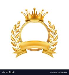 golden crown and laurel with ribbon on white background