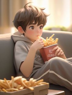 a young boy sitting on a couch eating french fries and watching tv with his eyes closed