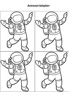 an astronaut kalplarn coloring page with four different poses to be colored in