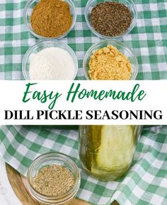 homemade dill pickle seasoning recipe in mason jars on a green checkered tablecloth