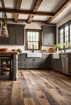 33 Modern Farmhouse Kitchen Ideas: Blending Rustic Charm with Contemporary Design Charcoal Grey Kitchen Cabinets Farmhouse, Rustic Kitchen Theme Ideas, Small Farmhouse Modern Kitchen, Kitchen Floor Tiles Ideas Farmhouse, Kitchen Reno Ideas Farmhouse, Kitchen Cabinet Color Ideas Gray Floor, Kitchen Design Neutral Colors, Gray Wood Cabinets Kitchen, Kitchen Ideas For Cabin