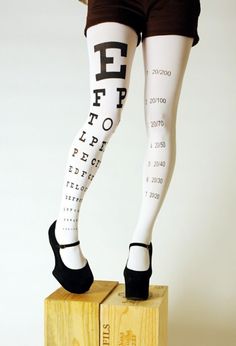 Des collants qui ne se cachent plus | Eye Exam Chart, Funky Tights, Cool Tights, Unique Stockings, Eye Chart, White Tights, Eye Exam, Printed Tights, Silk Stockings