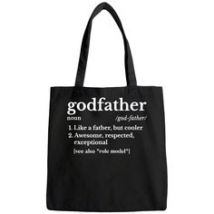 a black tote bag with the words godfaither on it and an image of