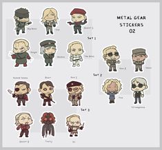 the metal gear stickers are shown in various sizes and colors, with different characters