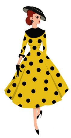 a woman in a yellow polka dot dress with black dots on the skirt and hat