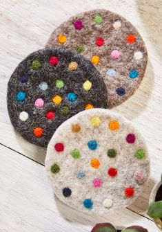 three felt coasters with multicolored dots on them sitting next to a potted plant