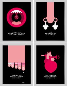 four different types of posters with pink and black designs