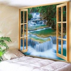 an open window shows a waterfall in the background and a river running down it's side