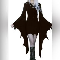 Get Ready To Rock The Party With This Gothic Bat Flare Wing Dress By Sgc619. The Short Dress Features A Solid Pattern, Long Sleeves, And A Pullover Closure. The Stunning Black Color With Punk, Gothic, And Halloween Themes Make It A Perfect Fit For A Party Or Cocktail Occasion. This Bodycon Style Dress With A Keyhole Neck And Flare Bat Wing Sleeves Is Available In Size M. The Dress Is Brand New With Tags And Perfect For The Fall Season. So, Add A Unique Touch To Your Wardrobe With This Gothic Bat Bat Outfits Aesthetic, Bat Themed Dress, Dress With Bat Sleeves, Bat Sleeve Dress Pattern, Bat Wings Dress, Short Black Summer Dress, Bat Themed Clothes, Bat Wing Pattern, Goth Mini Dress