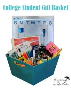 the college student gift basket is filled with school supplies