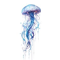 a blue and white jellyfish floating in the water