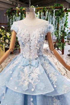 Dresses With 3d Flowers, Light Blue Ball Gown, Prom Dress With Flowers, Sky Blue Prom Dress, Floral Ball Gown, Burgundy Homecoming Dress, Cap Sleeve Prom Dress, Dress With Beads, Blue Ball Gown