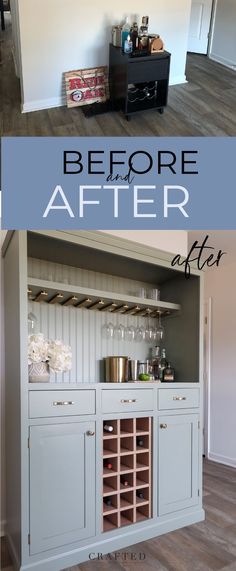 before and after photos of a kitchen cabinet with wine glasses on the bottom, and below