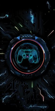 a close up of a video game controller on a circuit board with neon lights in the background