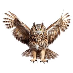 an owl spreads its wings while standing on one leg