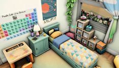 a room with a bed, desk and other items in it