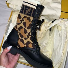 Fendi Cheetah Boots Size 37 Used 1 Time 100% Authentic Dust Bag And Tags Included Will Ship Within 24 Hrs Serious Offers Only ~ Cheetah Boots, Fendi Shoes, Lace Up Boots, Dress Collection, Shoe Laces, Dust Bag, Black And Brown, Fendi, Lace Up