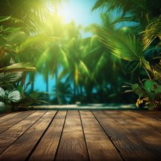 an empty wooden deck with palm trees and blue sky in the backgrounnd