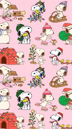 snoopy christmas wallpaper in pink with many cartoon characters