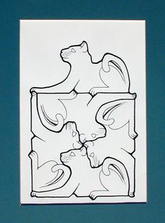 a black and white drawing of two cats on a piece of paper in a blue frame