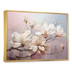 a painting with white flowers on a pink and blue background is hanging in a gold frame